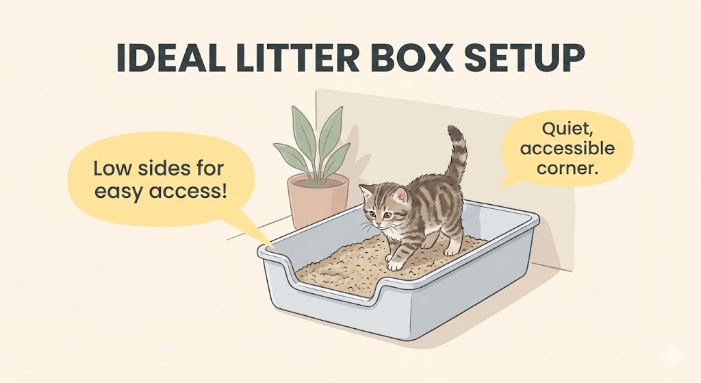 Illustration of a tabby kitten stepping into a low-sided litter tray placed in a quiet corner, with text bubbles highlighting 'Low sides for easy access!' and 'Quiet, accessible corner.