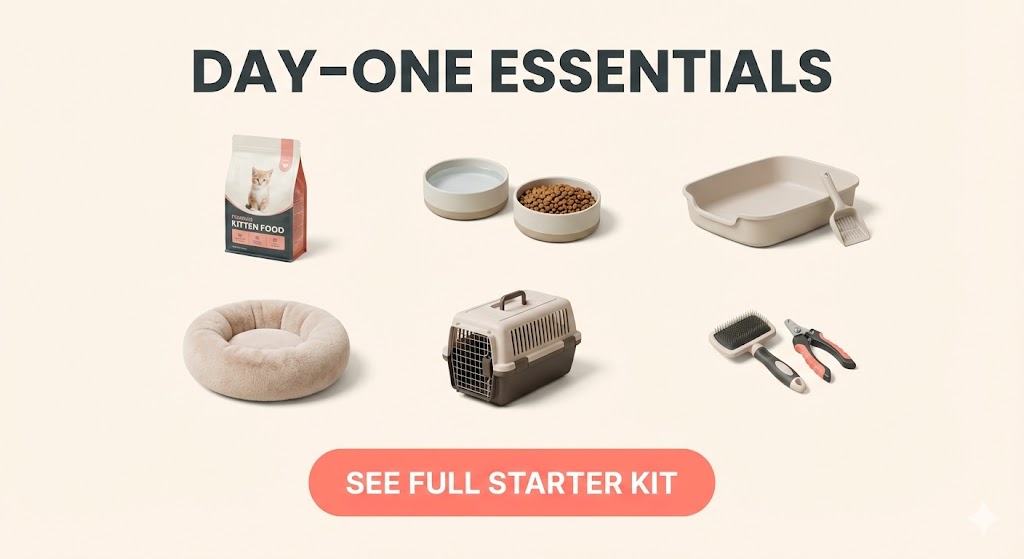 Product collage of essential kitten supplies including food, shallow bowls, low litter box with scoop, soft bed, carrier, and grooming kit, with a button to 'See Full Starter Kit'