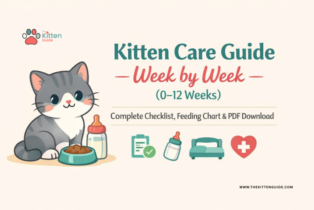 Cover of Kitten Care Guide showing a cute grey kitten on a cream background with text: Kitten Care Guide Week by Week 0-12 Weeks, Complete Checklist & PDF Download.
